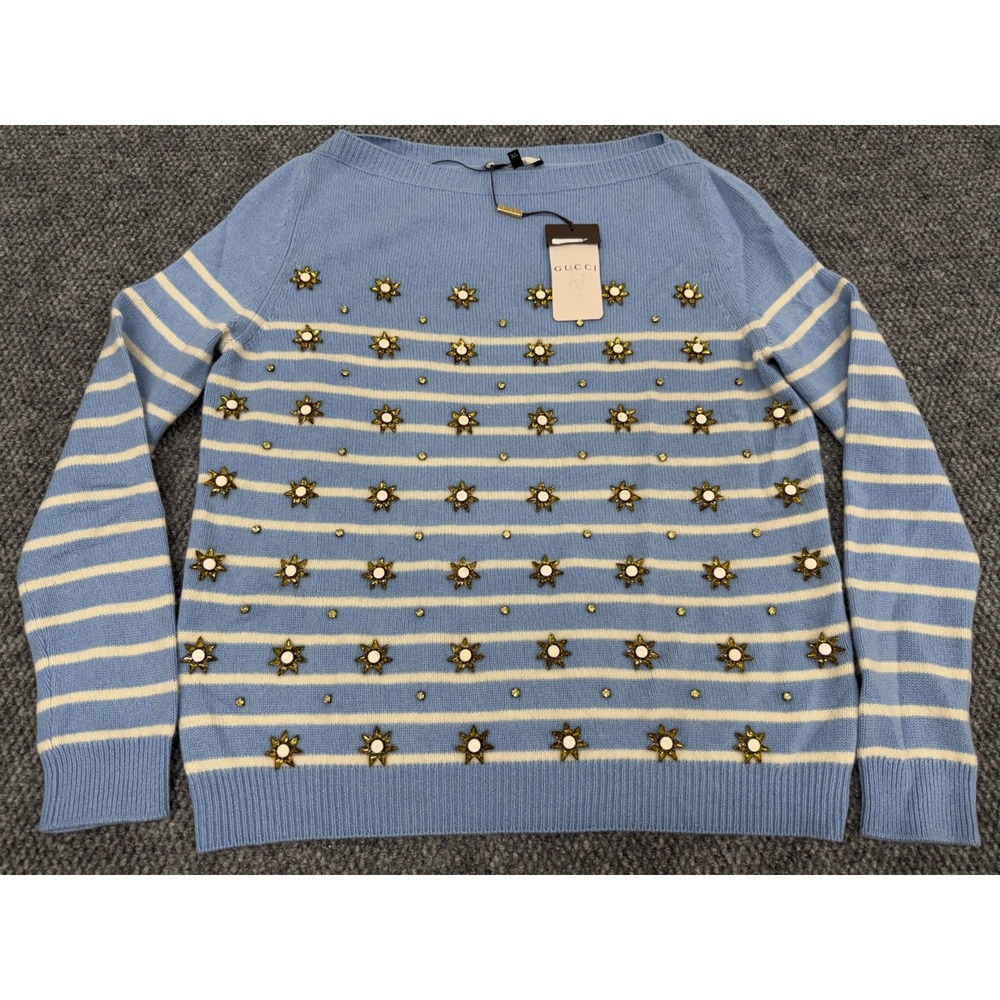 Gucci Cashmere Sweater Women's XL Blue White Striped Star Embellishment Jumper